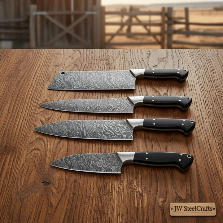 Polished Damascus blades with black handles and visible layered steel patterns.