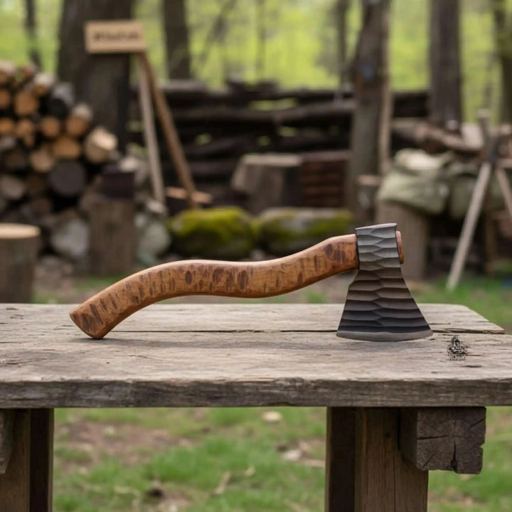 Drakenforge-themed Nordic handmade axe with layered forged blade design and artistic wooden grip craftsmanship.