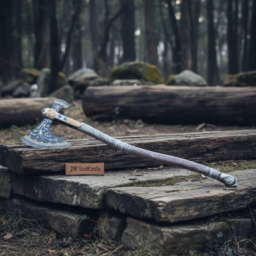 Low angle view of a fantasy war axe with fitted leather sheath and polished wood shaft resting outdoors.