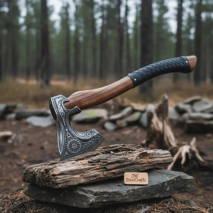 Handcrafted Viking axe product shot showing engraved blade patterns, leather sheath, and woodland backdrop.