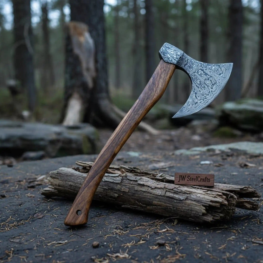 Dynasty-inspired Nordic Damascus axe with etched steel blade and smooth handcrafted wood handle in woodland scenery.