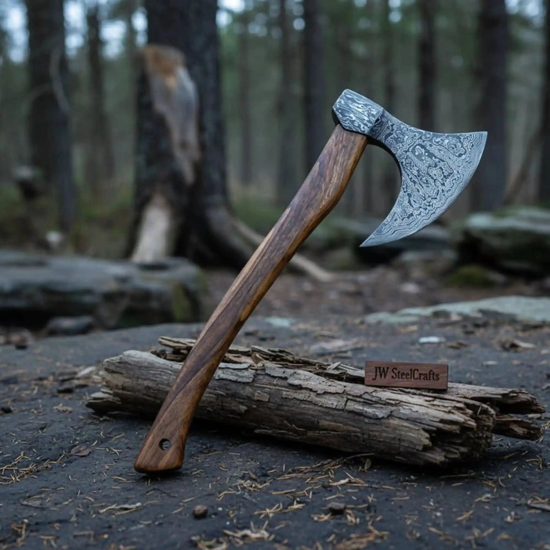 Dynasty-inspired Nordic Damascus axe with etched steel blade and smooth handcrafted wood handle in woodland scenery.