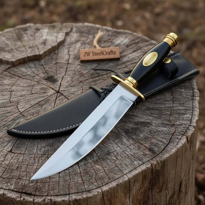 Classic American Clip Point Searless Bowie Knife With Black Sheath On A Wooden Stump
