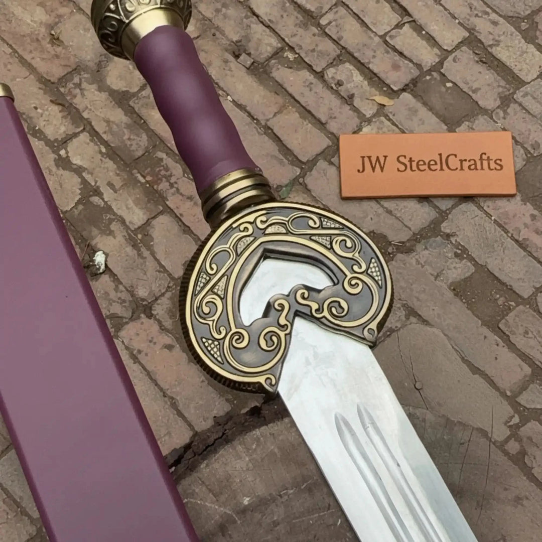     Featuring a decorative cane sword with an ornate handle and matching scabbard displayed on a tree stump.