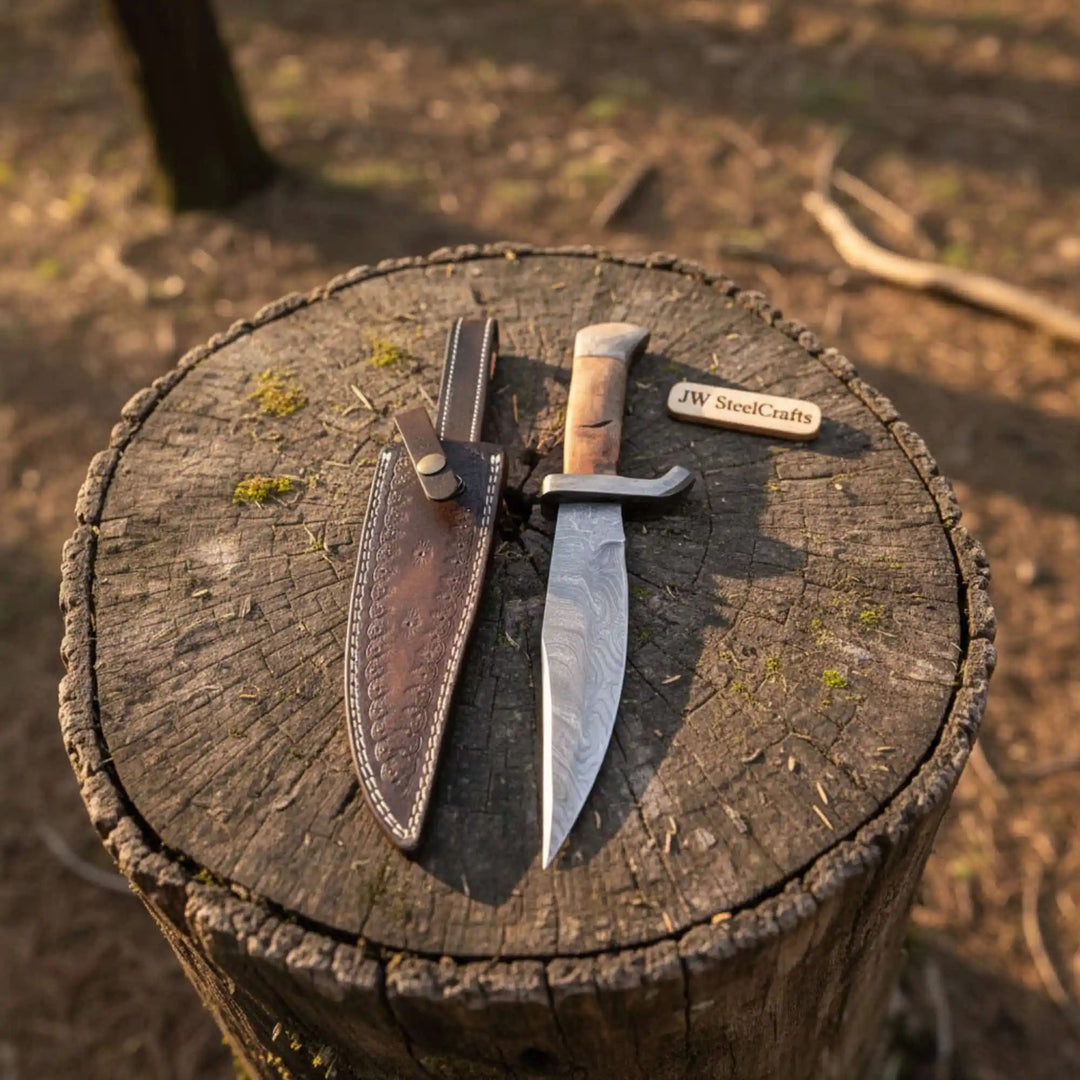 Classic Jim Bowie Style Damascus Steel Bowie Knife, Hand Forged Clip Point Blade, Damascus Guard, Walnut Wood Handle, Full Tang Fixed Blade with Leather Sheath by JW SteelCrafts handmade Clip Point Bowie Knives by JW SteelCrafts