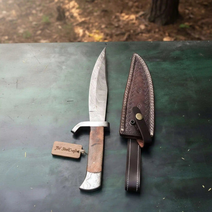 Classic Jim Bowie Style Damascus Steel Bowie Knife, Hand Forged Clip Point Blade, Damascus Guard, Walnut Wood Handle, Full Tang Fixed Blade with Leather Sheath by JW SteelCrafts handmade Clip Point Bowie Knives by JW SteelCrafts