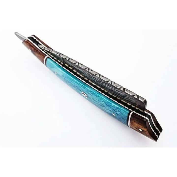 Classic Western Damascus Straight Barber Razor with Blue Bone and Rosewood Handle handmade Damascus Straight Razors by JW SteelCrafts