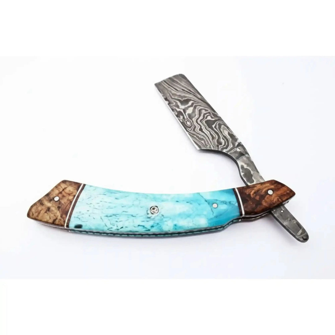 Classic Western Damascus Straight Barber Razor with Blue Bone and Rosewood Handle handmade Damascus Straight Razors by JW SteelCrafts