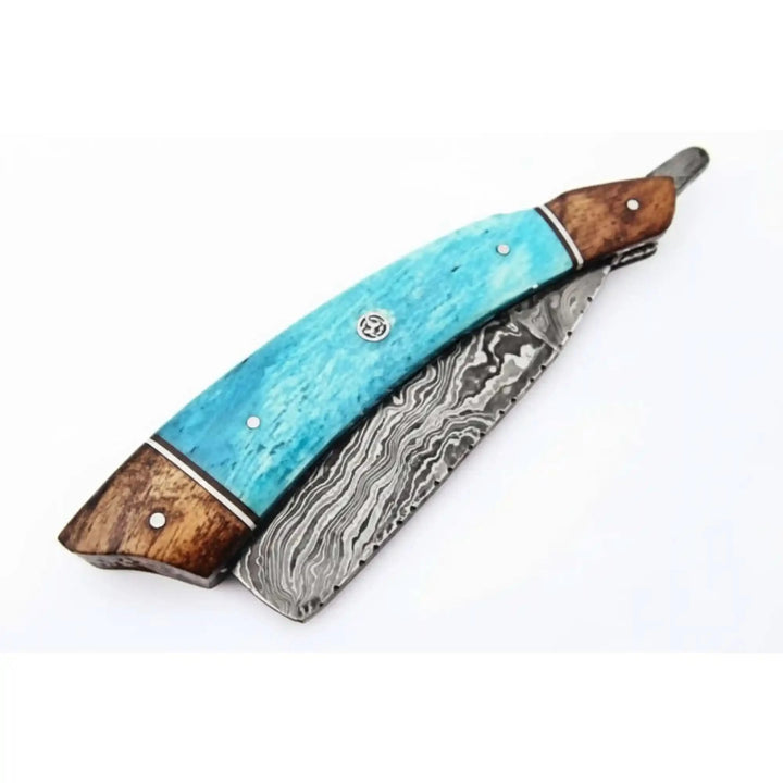 Classic Western Damascus Straight Barber Razor with Blue Bone and Rosewood Handle handmade Damascus Straight Razors by JW SteelCrafts