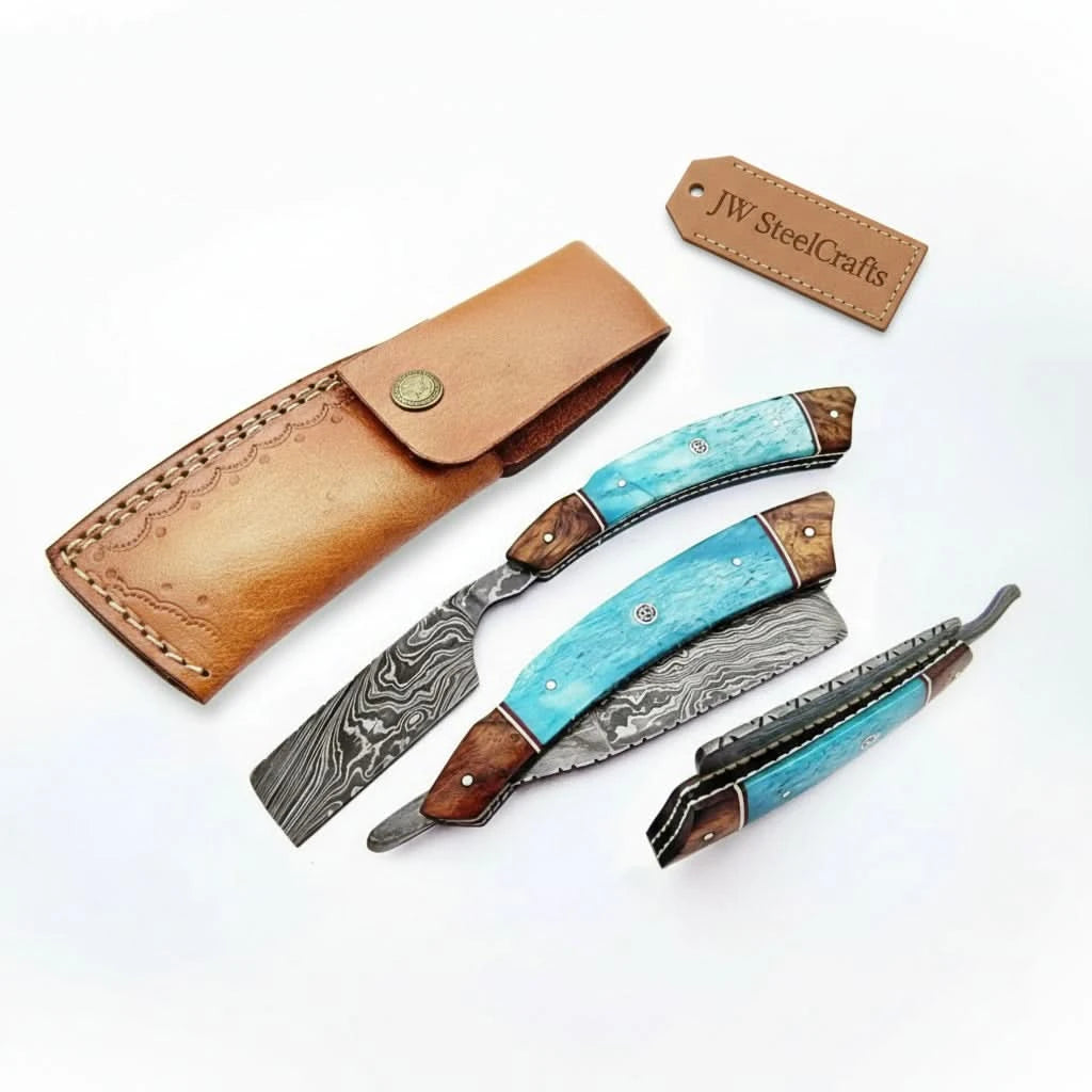 Classic Western Damascus Straight Barber Razor with Blue Bone and Rosewood Handle handmade Damascus Straight Razors by JW SteelCrafts
