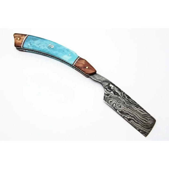 Classic Western Damascus Straight Barber Razor with Blue Bone and Rosewood Handle handmade Damascus Straight Razors by JW SteelCrafts