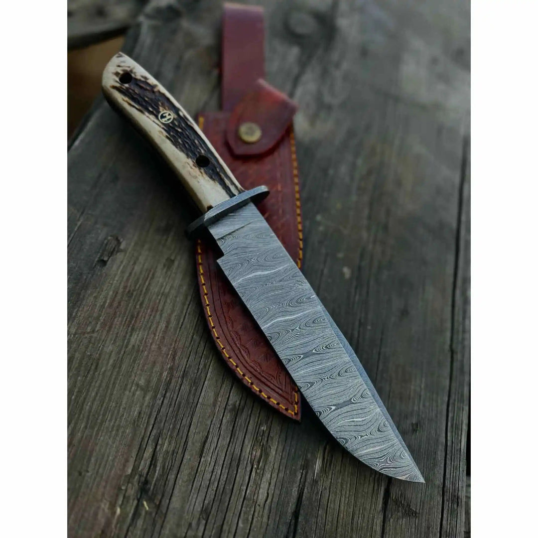 Clip Point Bowie Knife, Hand Forged Damascus Steel Blade, Antler Handle, Classic American Bowie with Leather Sheath handmade Damascus Bowie Knives by JW SteelCrafts