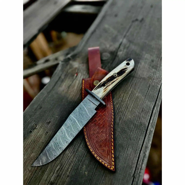 Clip Point Bowie Knife, Hand Forged Damascus Steel Blade, Antler Handle, Classic American Bowie with Leather Sheath handmade Damascus Bowie Knives by JW SteelCrafts