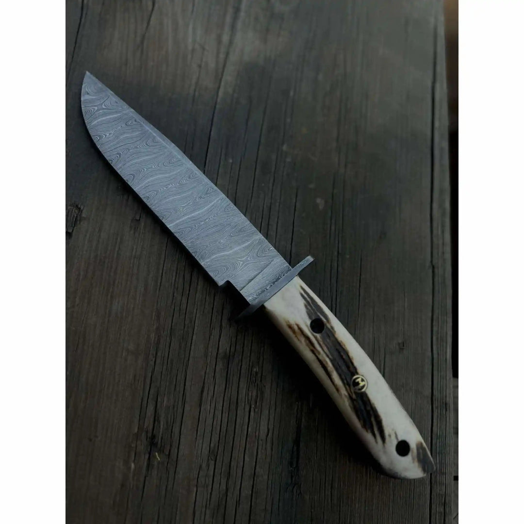 Clip Point Bowie Knife, Hand Forged Damascus Steel Blade, Antler Handle, Classic American Bowie with Leather Sheath handmade Damascus Bowie Knives by JW SteelCrafts