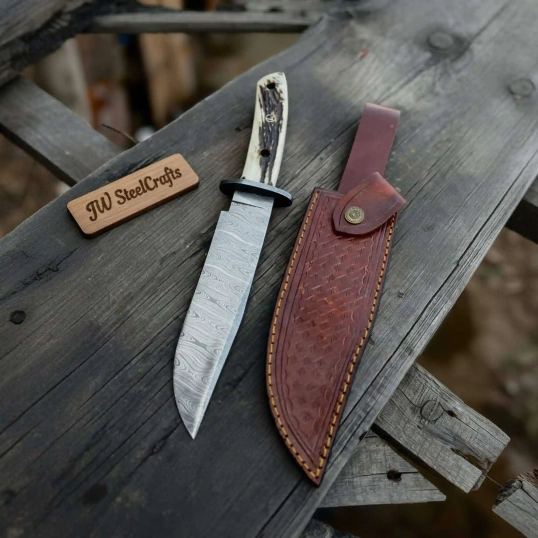 Clip Point Bowie Knife, Hand Forged Damascus Steel Blade, Antler Handle, Classic American Bowie with Leather Sheath handmade Damascus Bowie Knives by JW SteelCrafts
