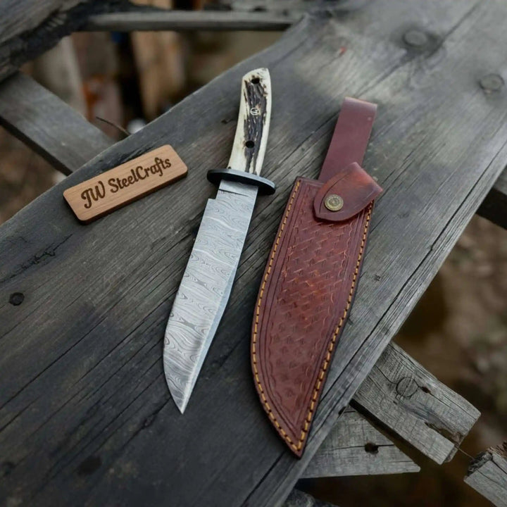 Clip Point Bowie Knife, Hand Forged Damascus Steel Blade, Antler Handle, Classic American Bowie with Leather Sheath handmade Damascus Bowie Knives by JW SteelCrafts