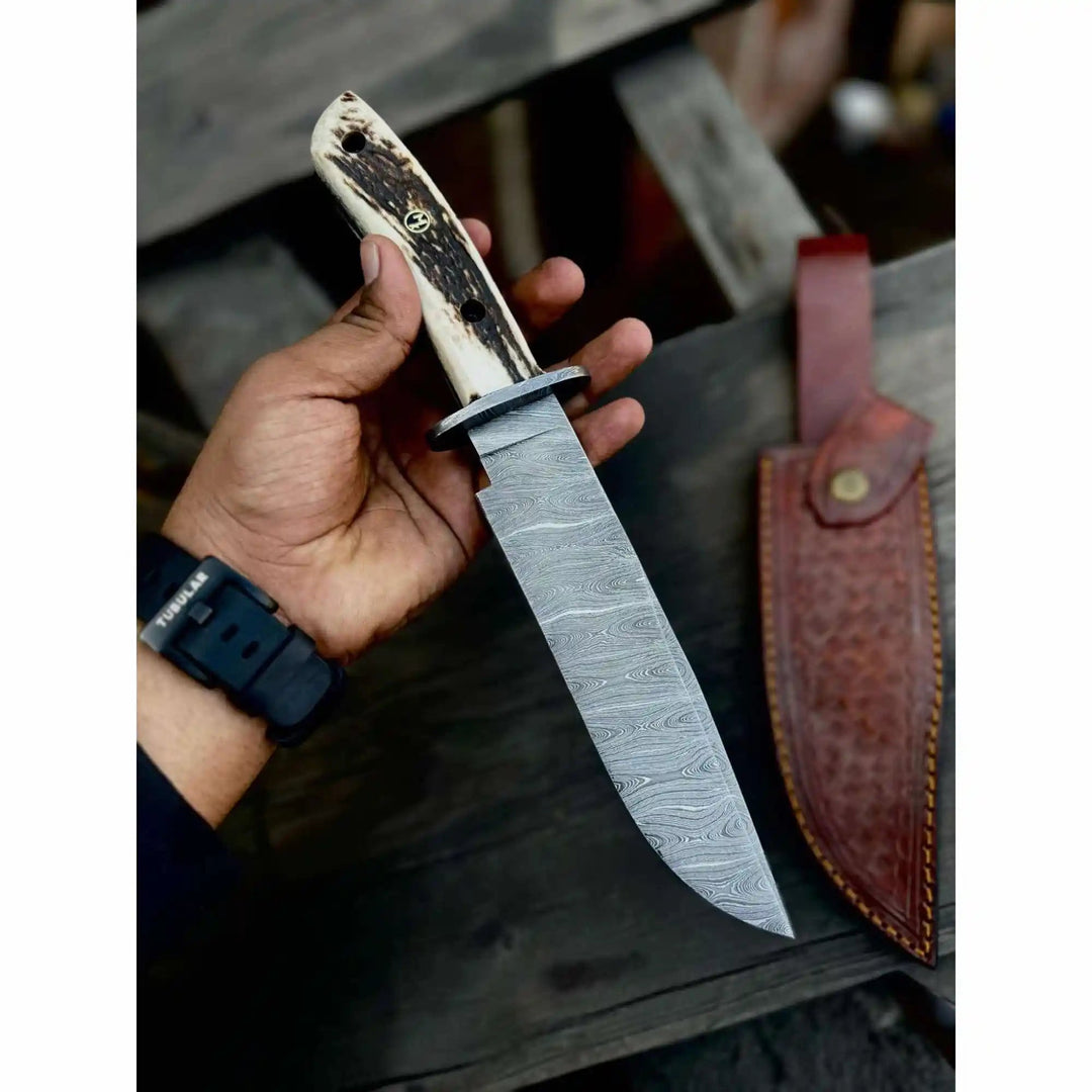 Clip Point Bowie Knife, Hand Forged Damascus Steel Blade, Antler Handle, Classic American Bowie with Leather Sheath handmade Damascus Bowie Knives by JW SteelCrafts