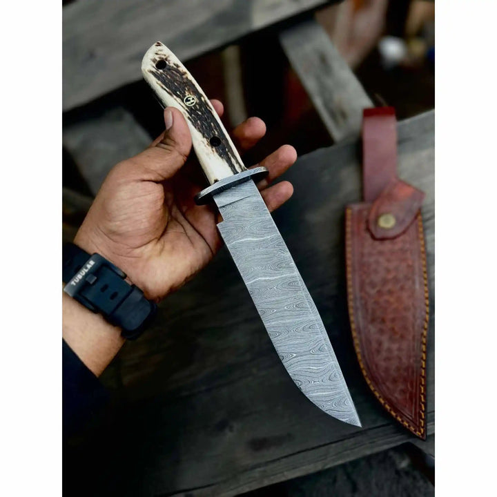 Clip Point Bowie Knife, Hand Forged Damascus Steel Blade, Antler Handle, Classic American Bowie with Leather Sheath handmade Damascus Bowie Knives by JW SteelCrafts