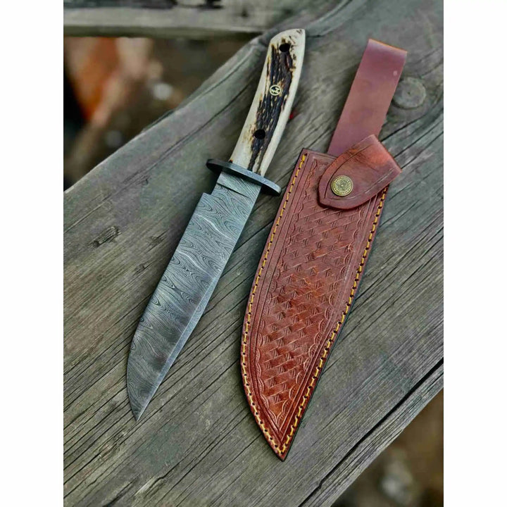 Clip Point Bowie Knife, Hand Forged Damascus Steel Blade, Antler Handle, Classic American Bowie with Leather Sheath handmade Damascus Bowie Knives by JW SteelCrafts