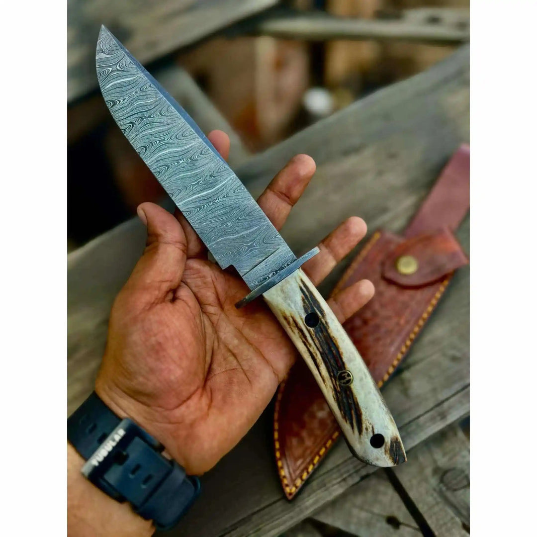 Clip Point Bowie Knife, Hand Forged Damascus Steel Blade, Antler Handle, Classic American Bowie with Leather Sheath handmade Damascus Bowie Knives by JW SteelCrafts