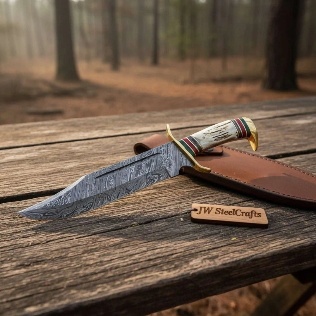     Artisan Bowie Damascus blade with layered steel texture and traditional antler grip