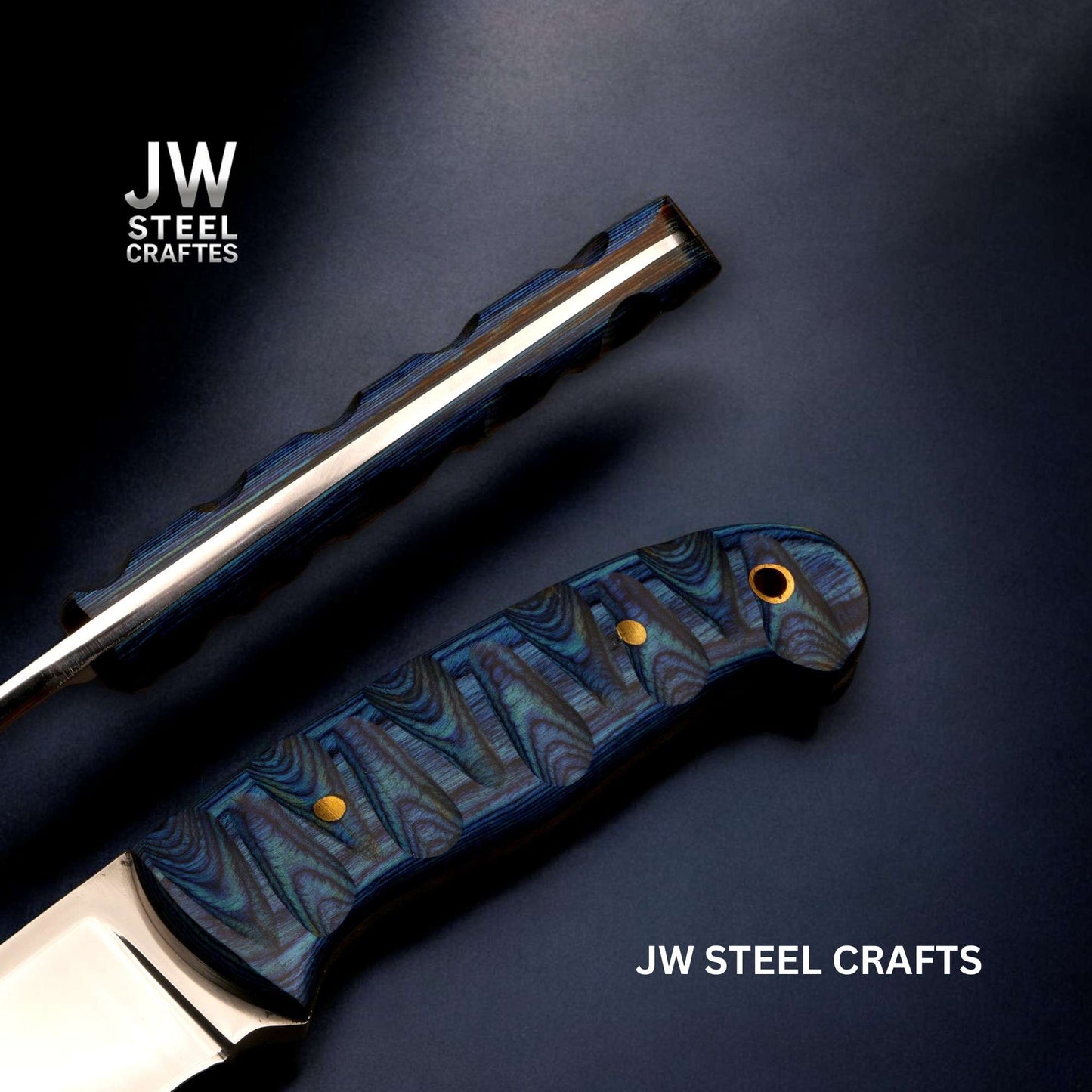 Folding knife with decorative handle on a dark background, branded 'JW Steel Crafts'.