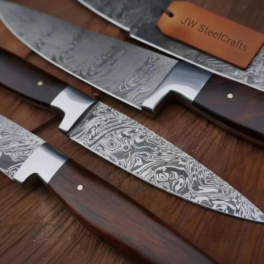 Modern kitchen knife closeup showcasing polished metallic finishes and handcrafted wooden handle detailing.