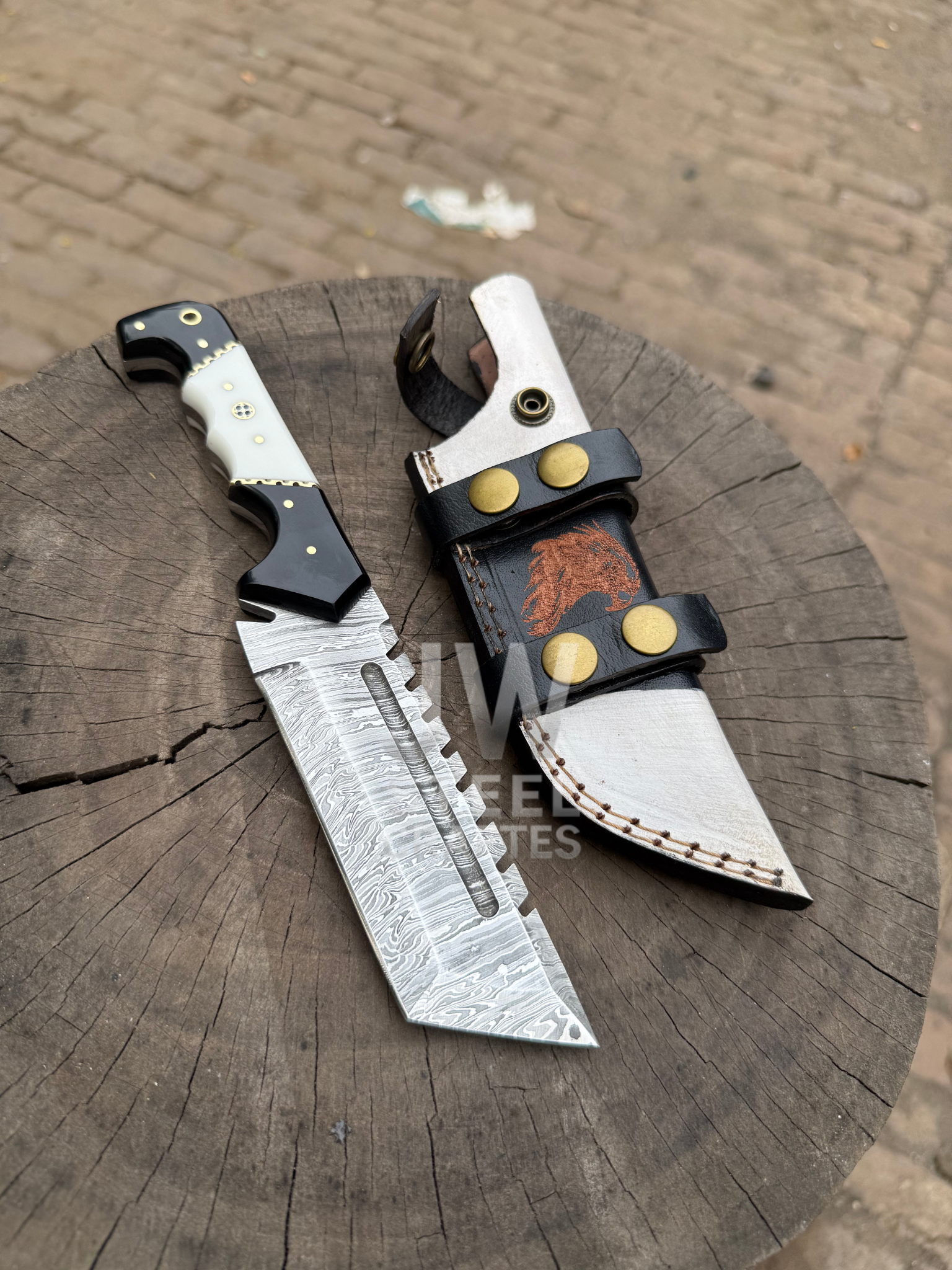 Handmade Damascus Tanto Knife with black and white handle – JW SteelCrafts