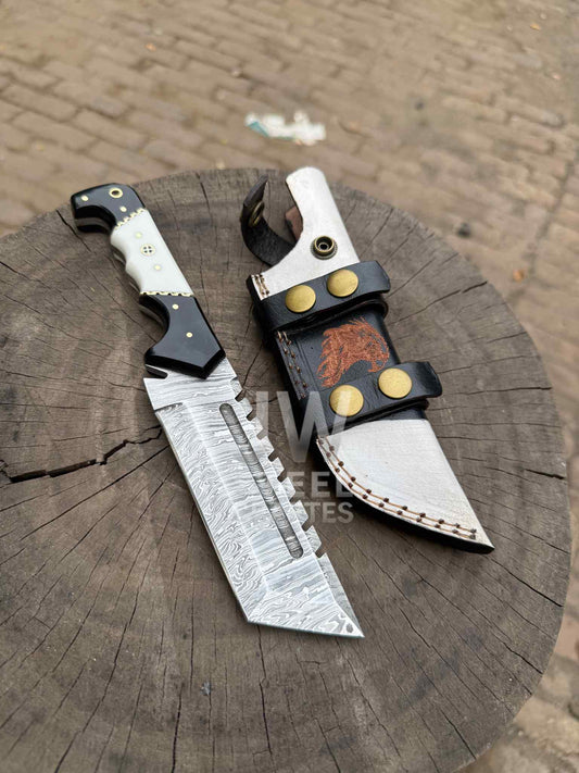 Handmade Damascus Tanto Knife – Black & White Handle with Wolf Leather Sheath
