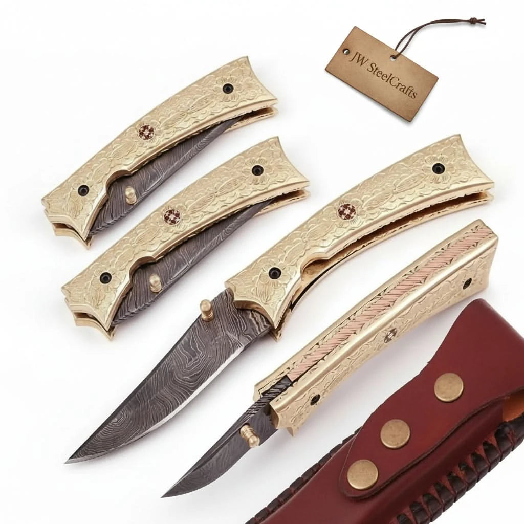    Ornate Damascus pocket knife showcasing handmade details, engraved handle, and leather carrying sheath