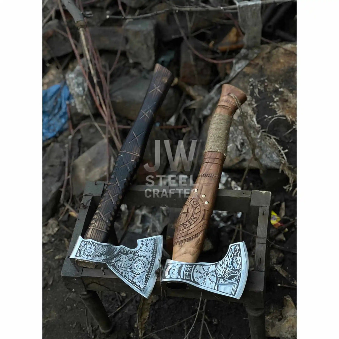 Collectible Norse - style Three - Axe Set with Intricate Engravings and Sculpted Wooden Handles handmade Handmade Axe by JW SteelCrafts