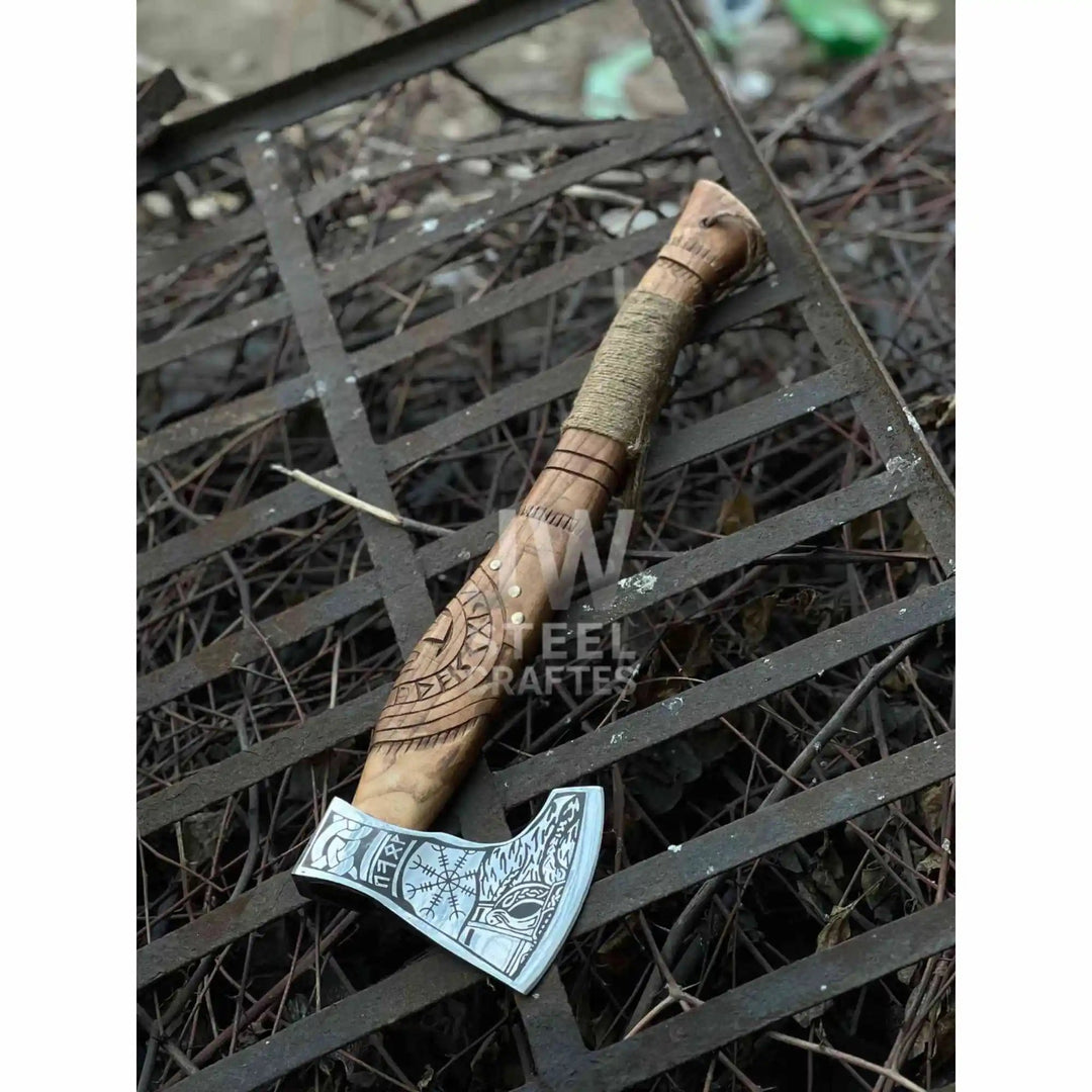 Collectible Norse - style Three - Axe Set with Intricate Engravings and Sculpted Wooden Handles handmade Handmade Axe by JW SteelCrafts
