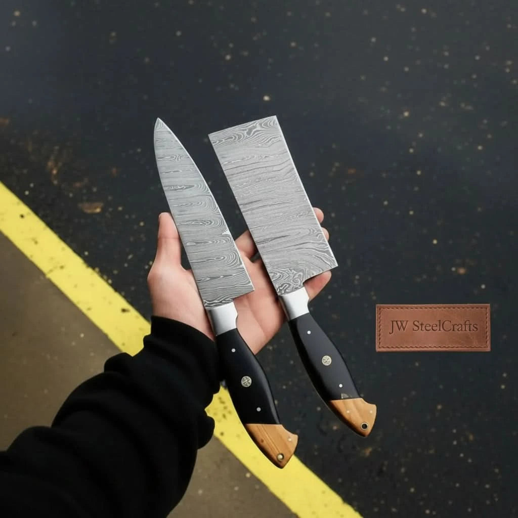 Crafted two knife Damascus set featuring a narrow blade and rectangular cleaver