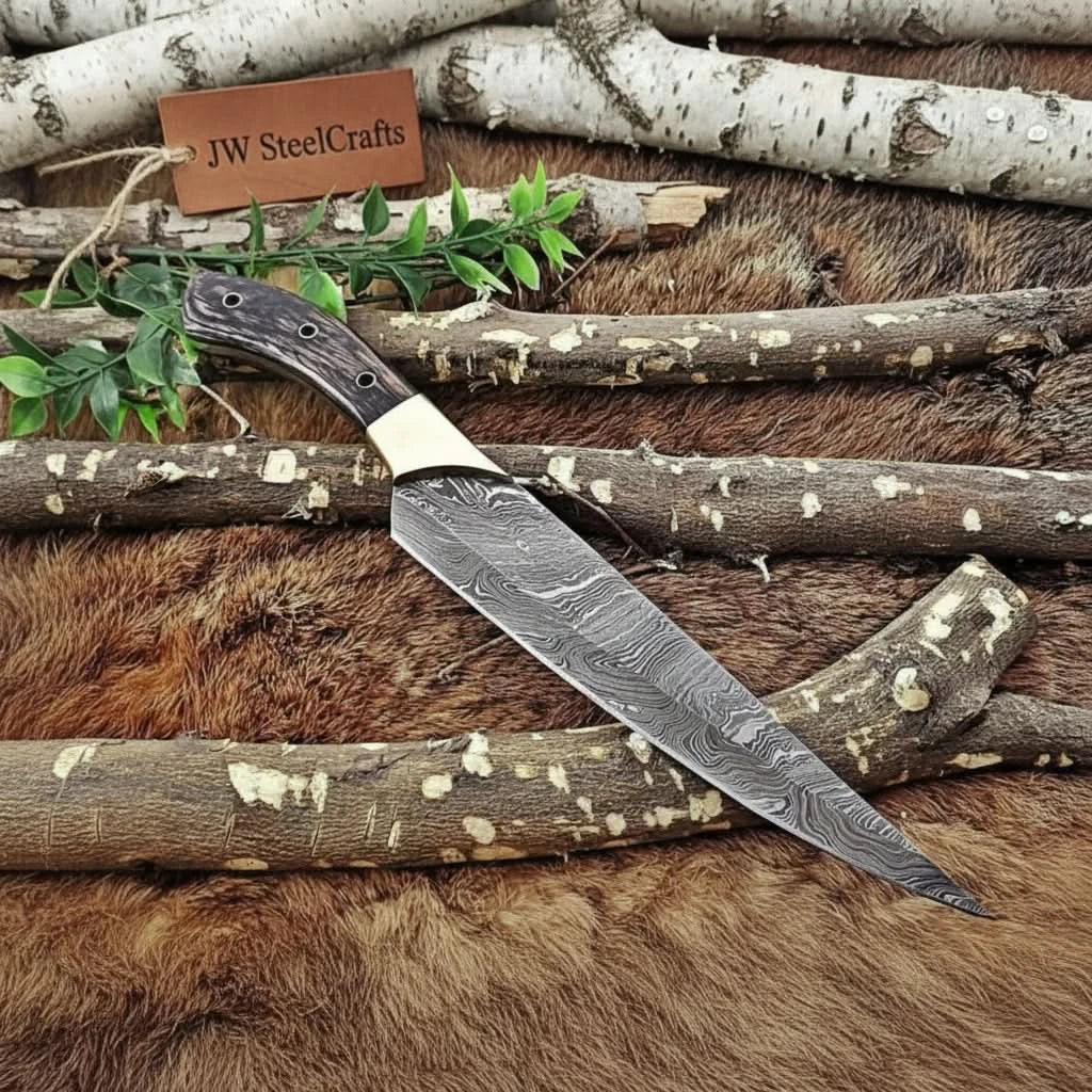 Decorative Damascus blade outdoor set with fur texture, bark sticks, and dark handle