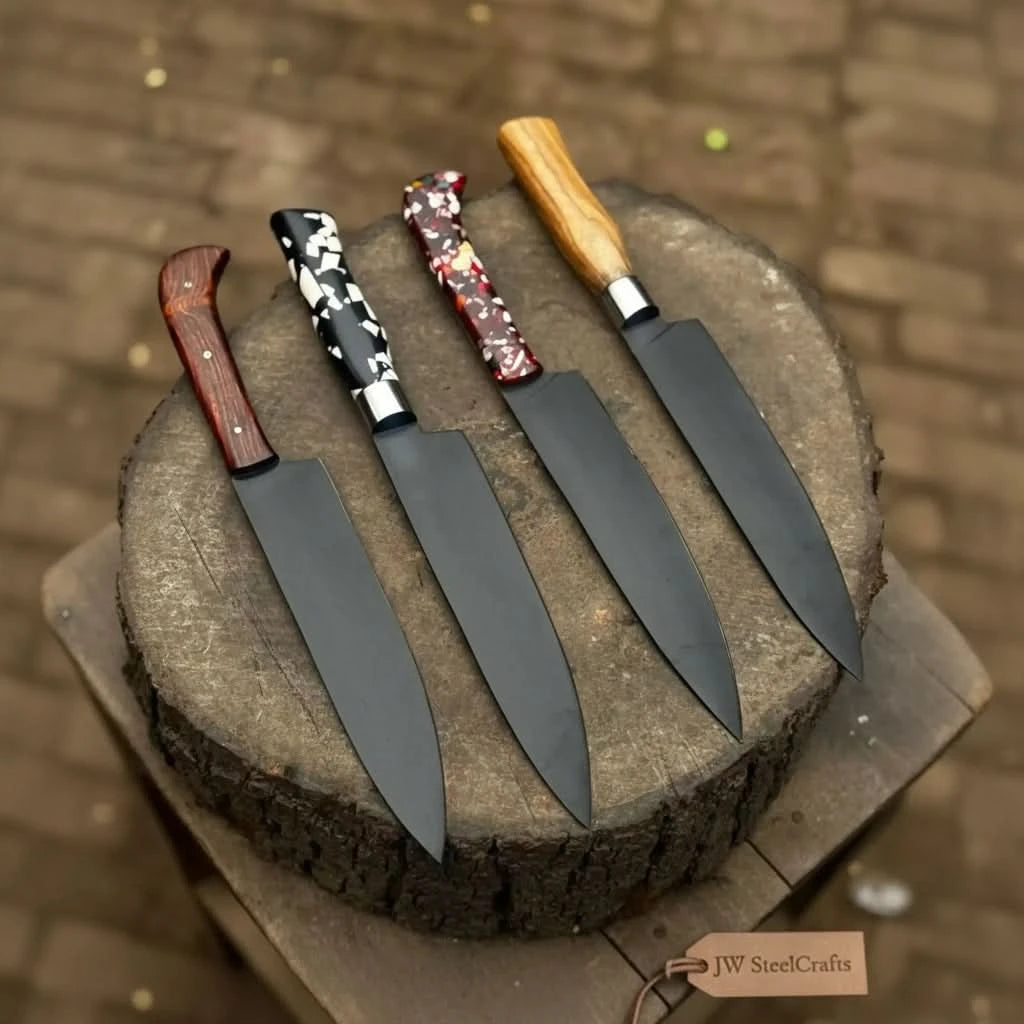 Four piece kitchen knife set placed on a round stump with rustic outdoor background