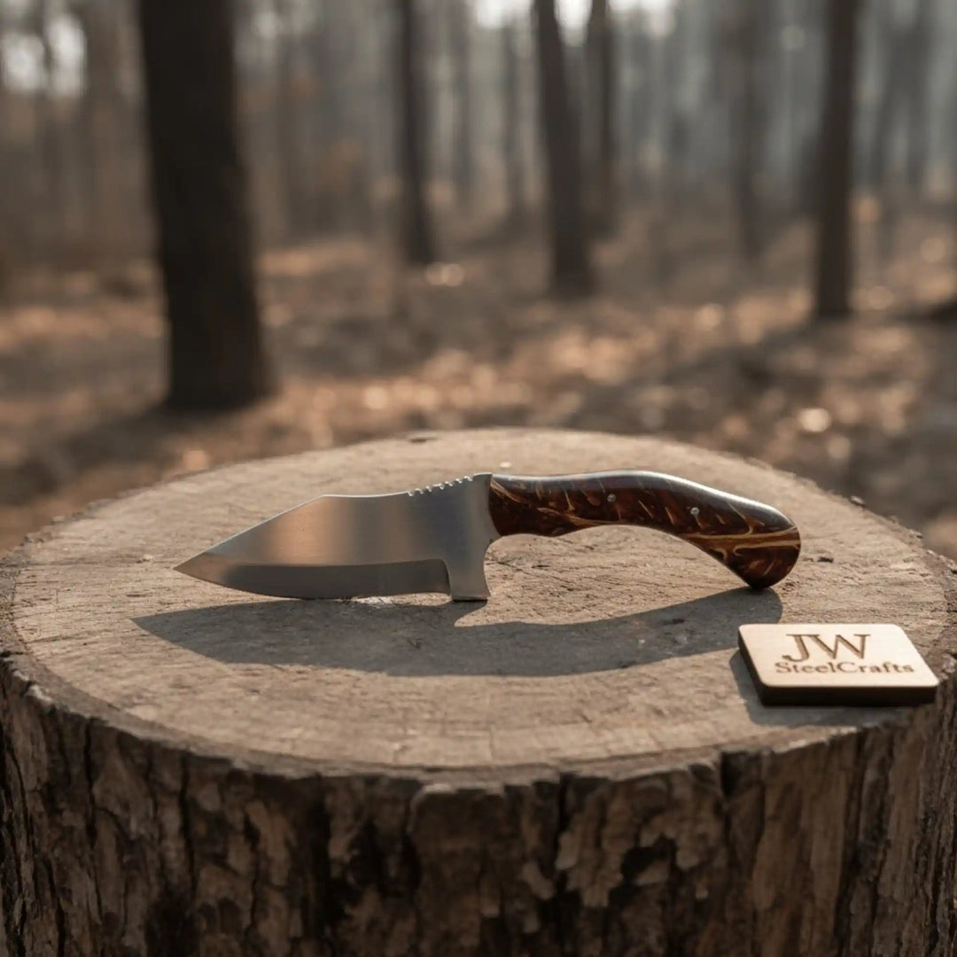 Small hunting knife with wooden handle, sharp drop point blade, and JW SteelCrafts wooden label on a forest stump.