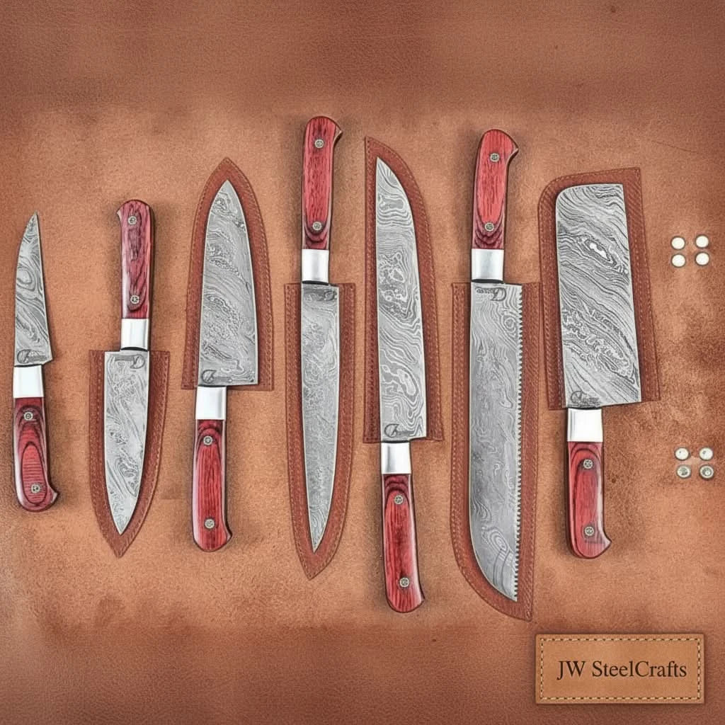 Seven Damascus steel kitchen knives with hand-forged wavy blade patterns and red Pakka wood handles with silver rivets, neatly slotted into a flat open tan full-grain leather roll case with buckle closures, photographed from above on white background — includes paring, chef, slicer, bread, nakiri and cleaver blades