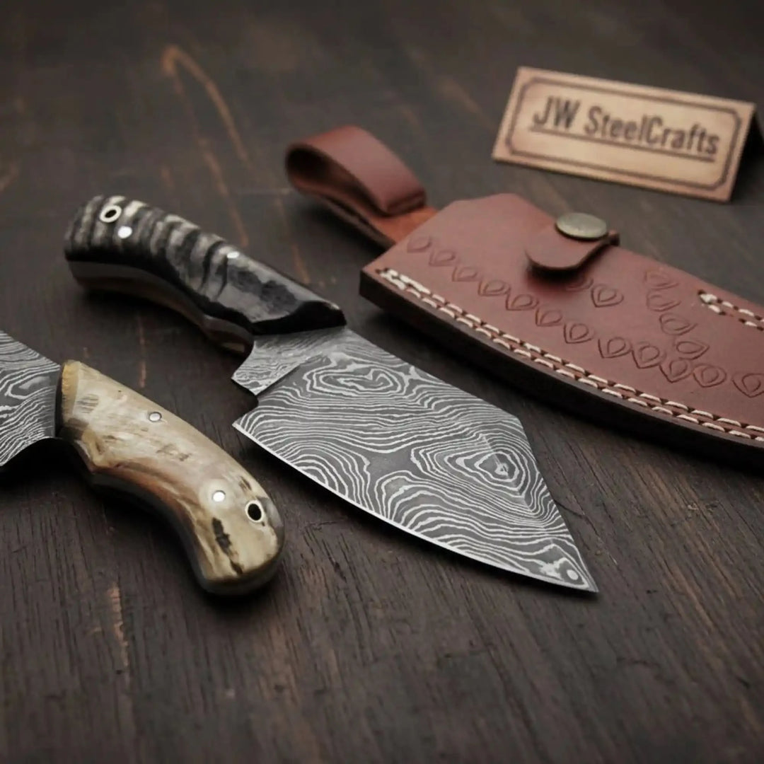 Artisan Damascus outdoor knife set with polished edges and handcrafted handle materials