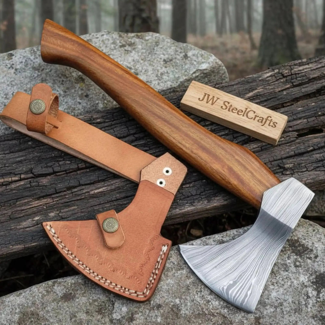 Compact Damascus Steel Camping Axe with Hardwood Handle & Leather Sheath handmade Handmade Axe 