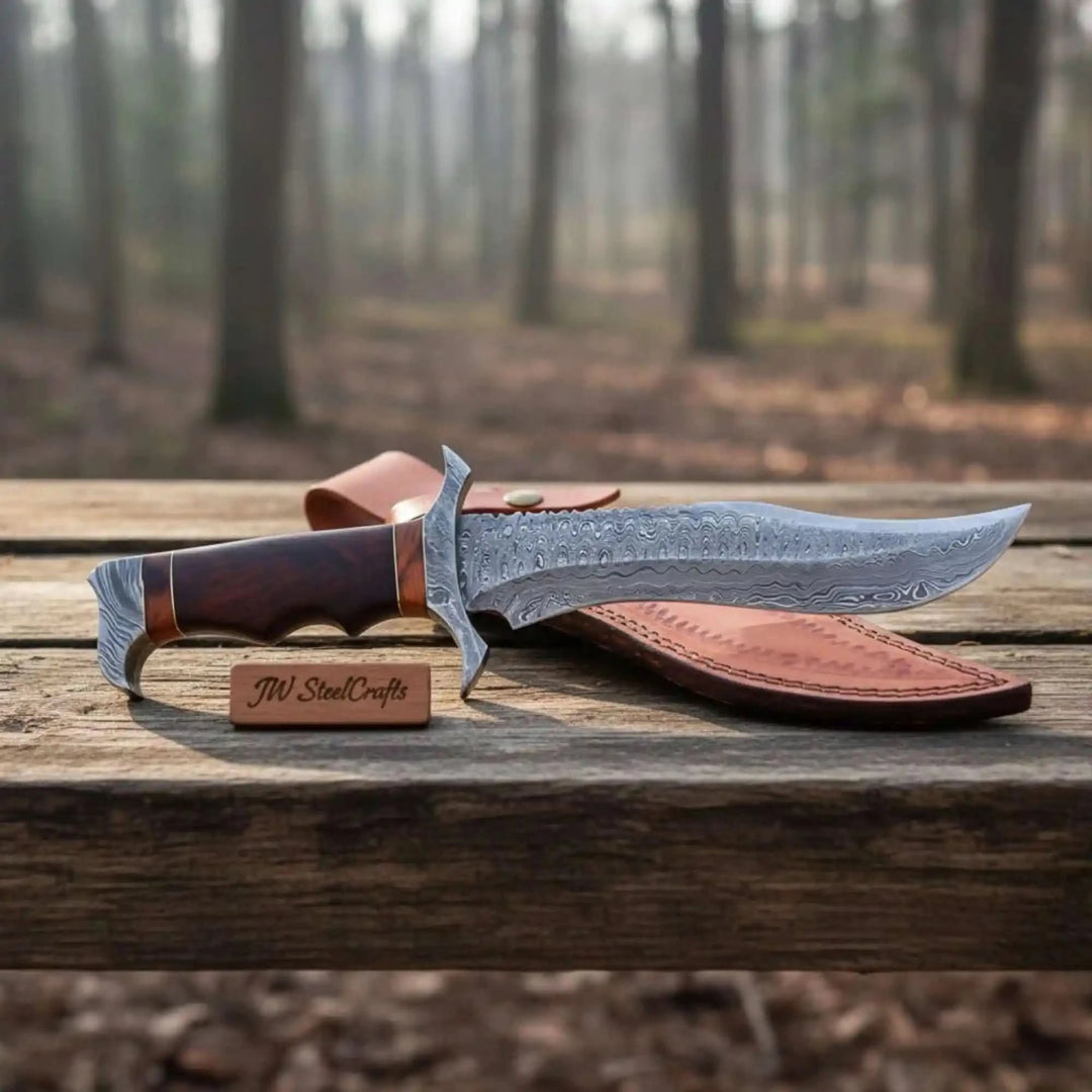 Collectible Damascus Bowie with decorative guard and rich brown wooden handle finish