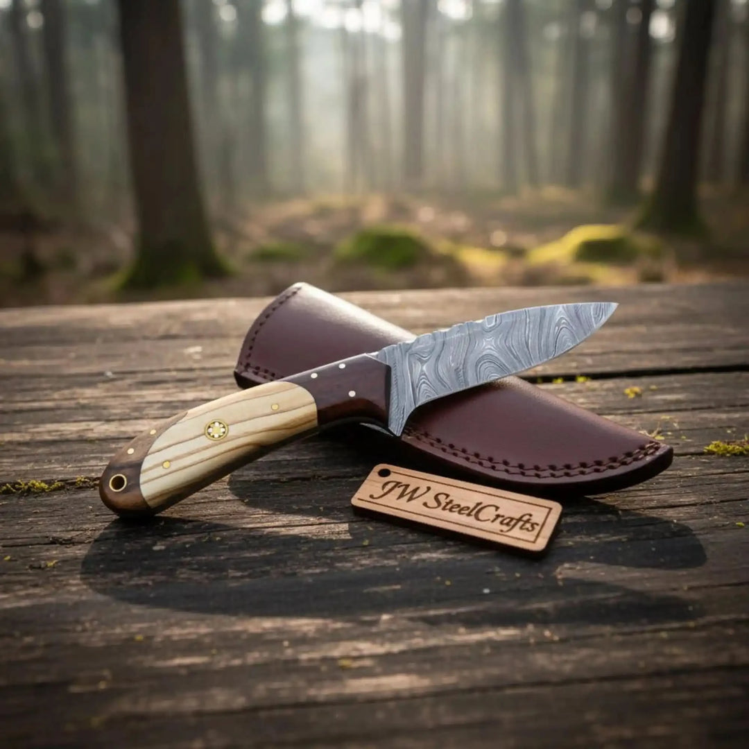 Custom camping knife with mosaic pin handle, cream wood scales, Damascus blade, and rustic outdoor wood surface.