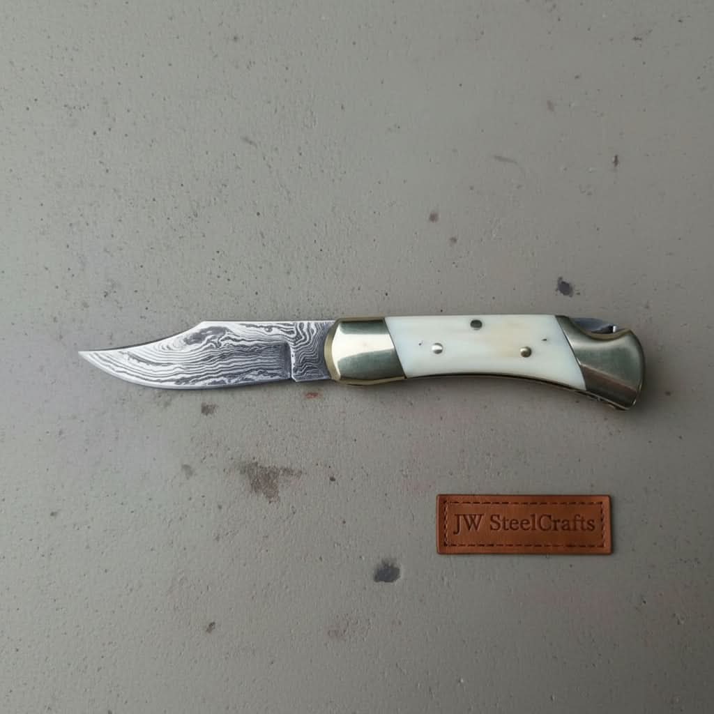     Ivoryridge Damascus gentleman’s folding knife with white handle and detailed steel blade display