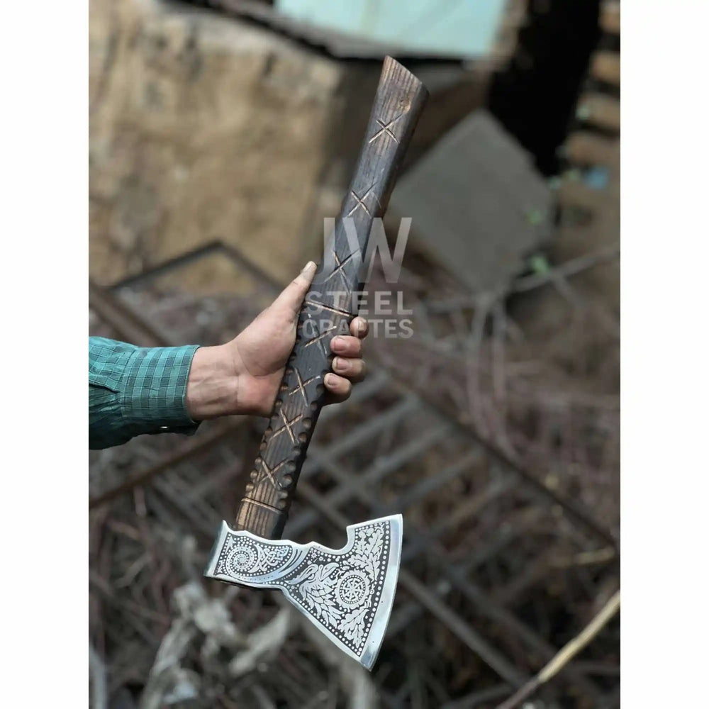 Norse Viking axe set mounted as wall display in a great hall style interior setting