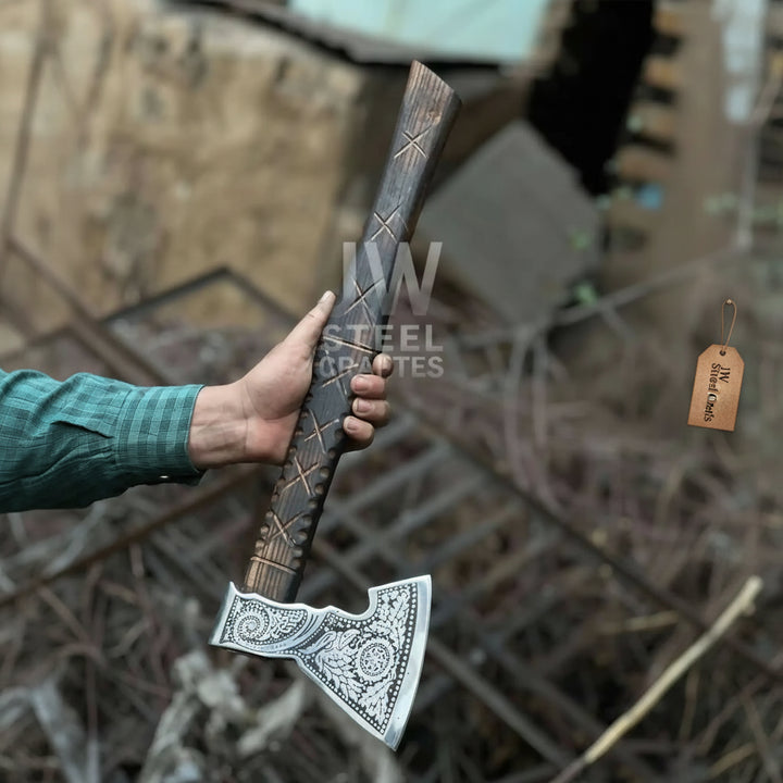Norse Viking axe set mounted as wall display in a great hall style interior setting