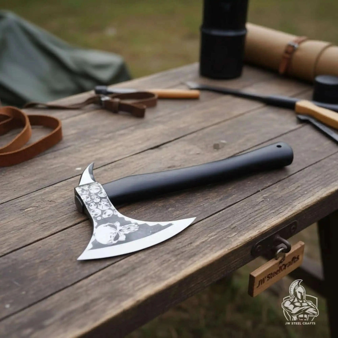Darkspire-themed Norse battle hatchet showcasing artistic crescent blade engravings and modern tactical outdoor design.
