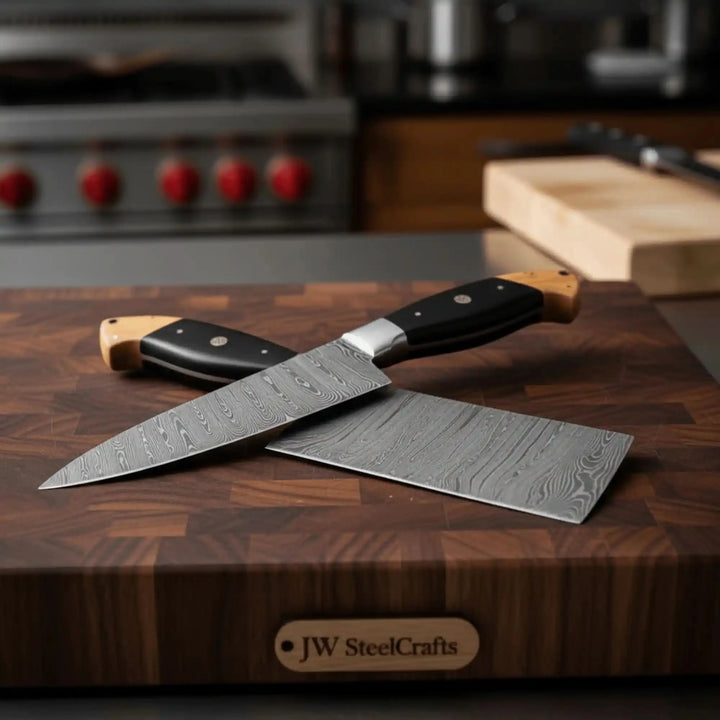 Dual blade kitchen knife combo with black handles, wooden ends, and patterned steel blades