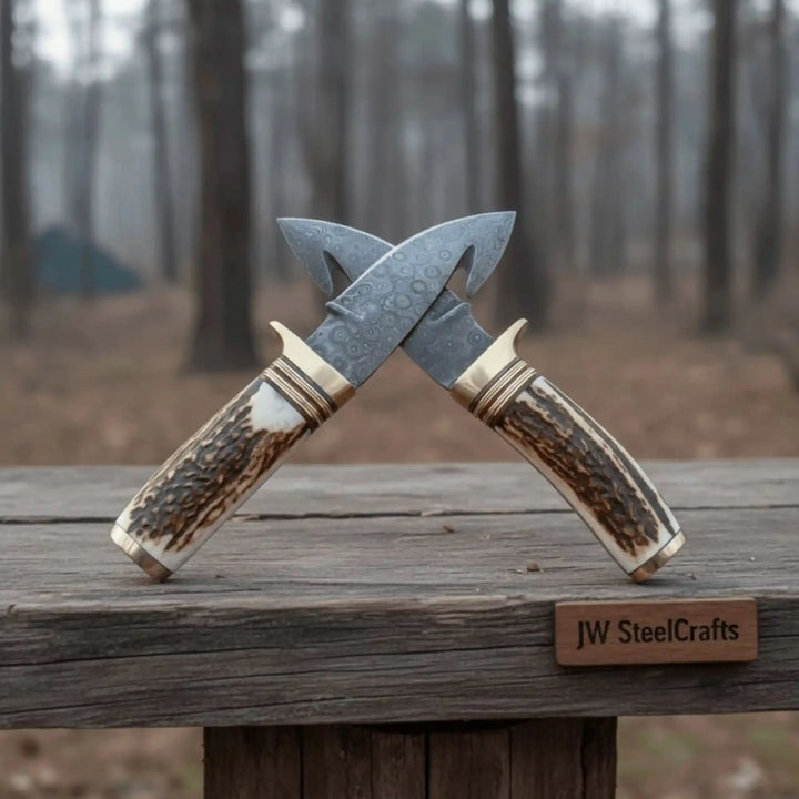 Stag handle gut hook knife pair with patterned Damascus blades, brass guards, and rustic wood table display.