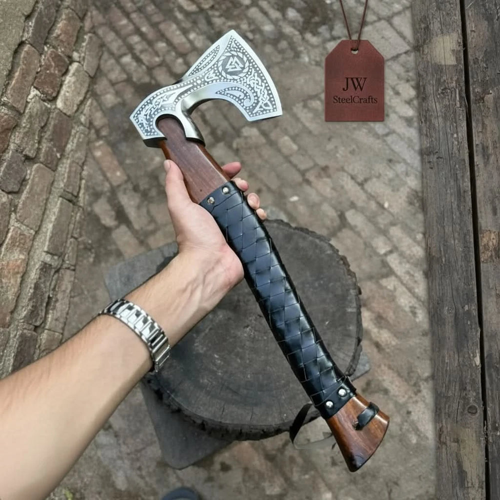 Duskcliff-themed Nordic war weapon with polished axe head and handcrafted leather-wrapped wooden handle.