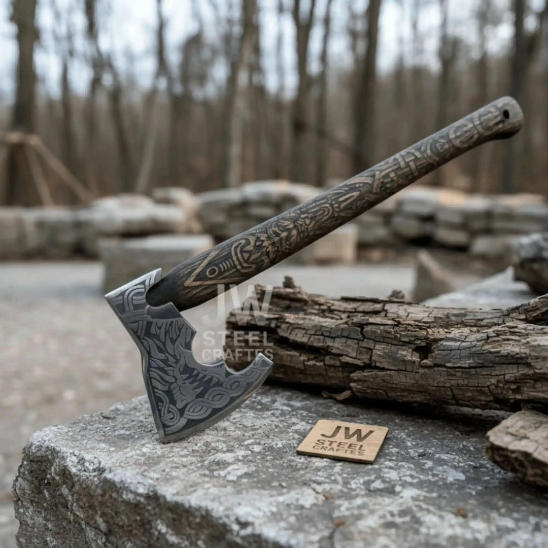 Duskthorn-themed Nordic warrior display with engraved battle axe and carved wooden Viking shield outdoors.
