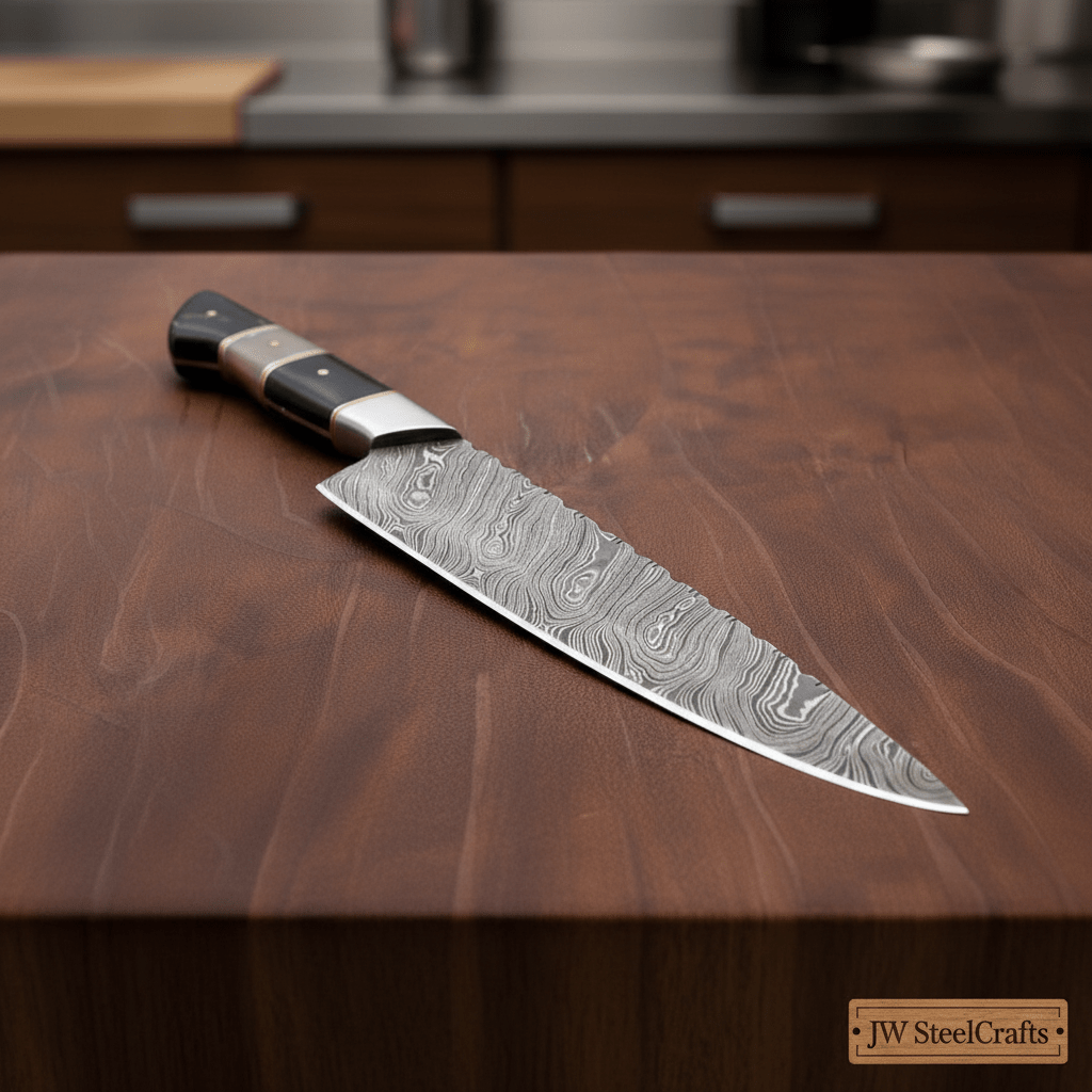    Displayed on a premium butcher block, this slicing knife combines Damascus steel with a dark handle.